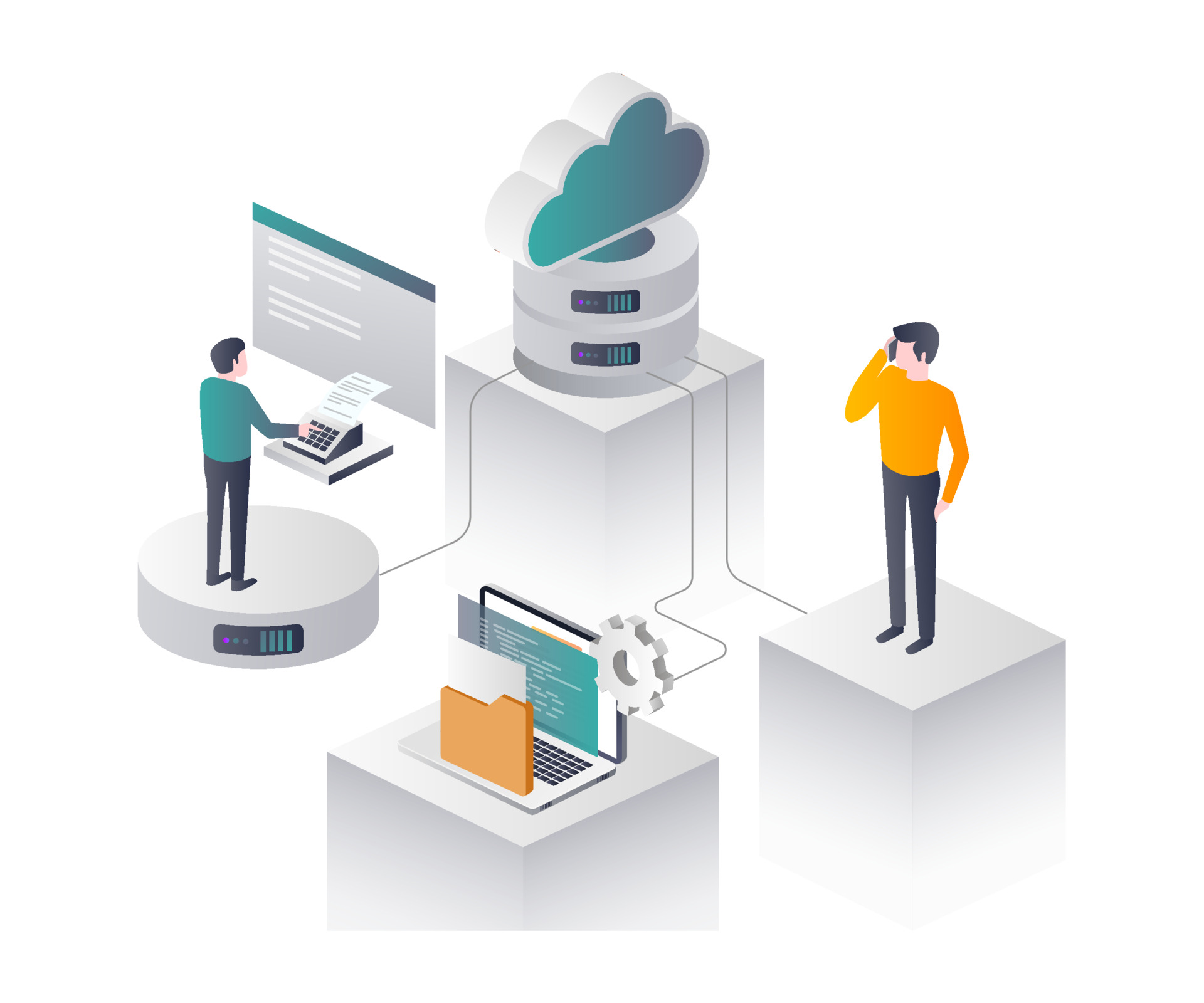 flat isometric vector illustration, Staff IT Security, Cloud VoIP and eFax